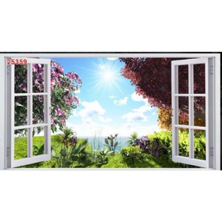 Tranh dán tường 3d tranh cửa sổ in vải lụa 2m x 1m45