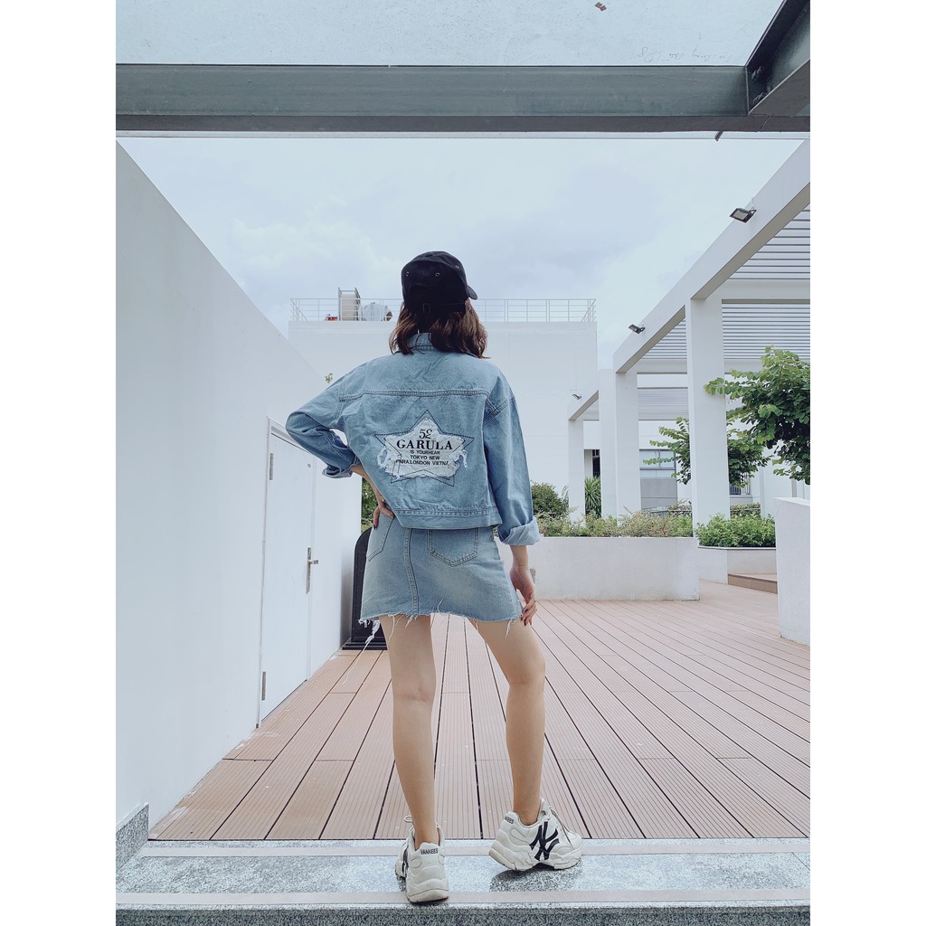 Áo Khoác Jean Áo Khoác Bò Nữ Form Croptop 2 Túi Ngực Mặt Sau Thêu Chữ  Garula FENG dưới 58kg Panda Style