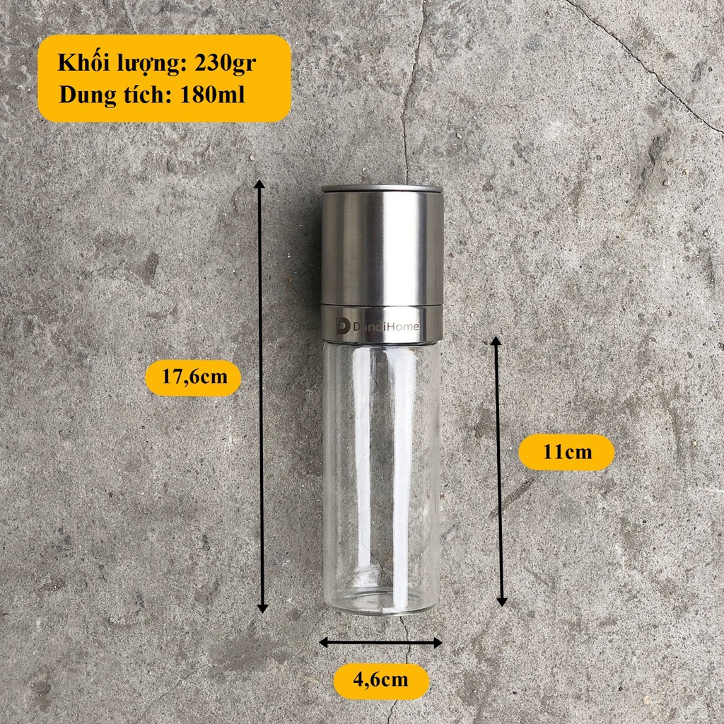 Lọ xay tiêu cầm tay thủy tinh và inox 304 cao cấp DandiHome tiện lợi
