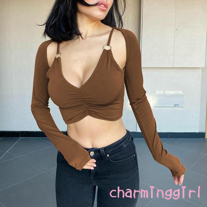 QAQ-Women´s Crop Tops Solid Color Deep V Neck Long Sleeves Cropped Navel Shirt Blouse