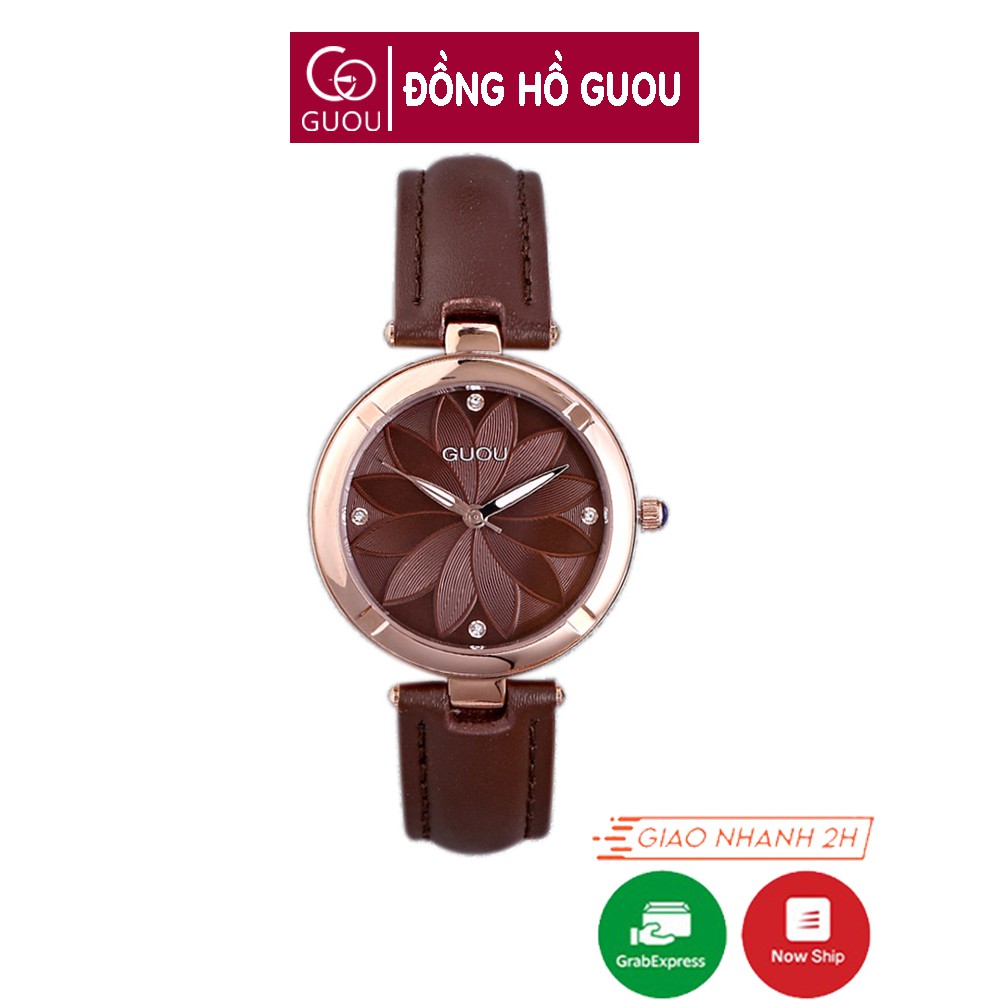 Đồng hồ nữ đeo tay dây da Guou viền mạ vàng chính hãng chống nước tuyệt đối 6006
