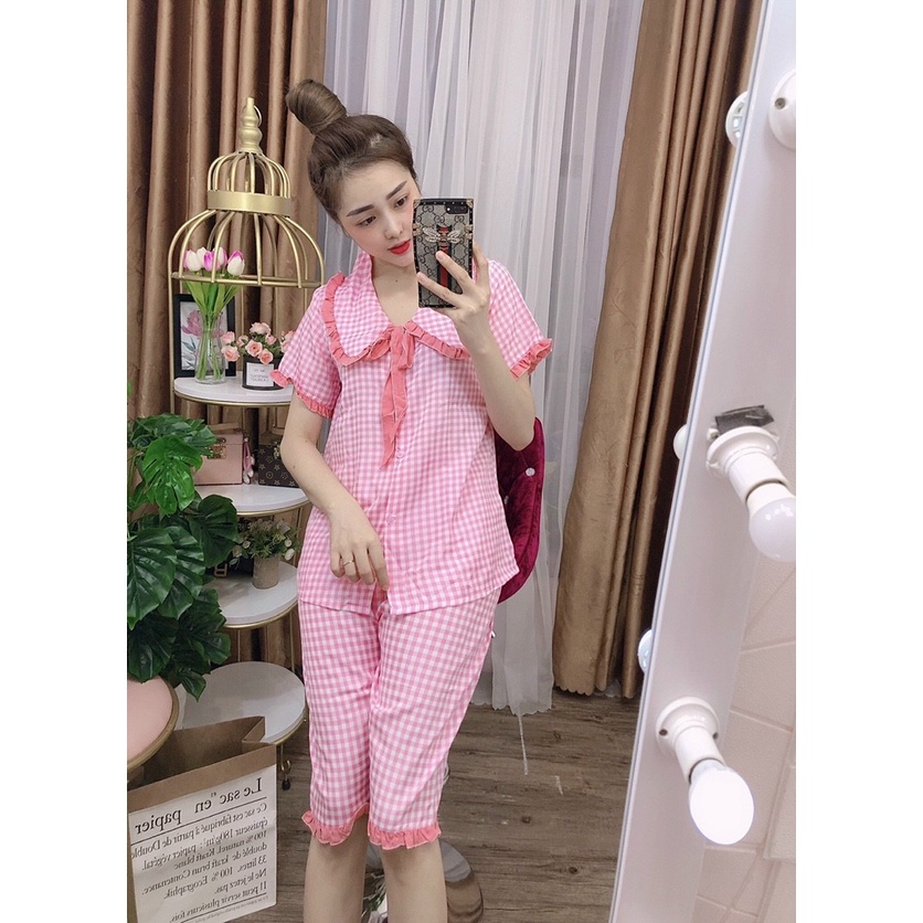 ( Mẫu Hot) Đồ bộ mặc nhà quần lửng học tiết sọc caro