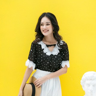 Áo sơ mi chấm bi phối ren ifu 2478