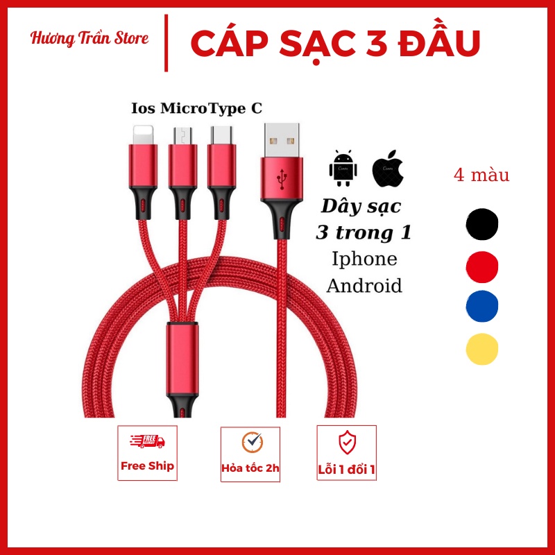 Cáp Sạc 3 Đầu 1m2 Đa Năng 3 in 1 Dùng Cho ĐT táo Samsung Oppo Xiaomi-Bọc dù chống đứt-Tiện lợi đa năng