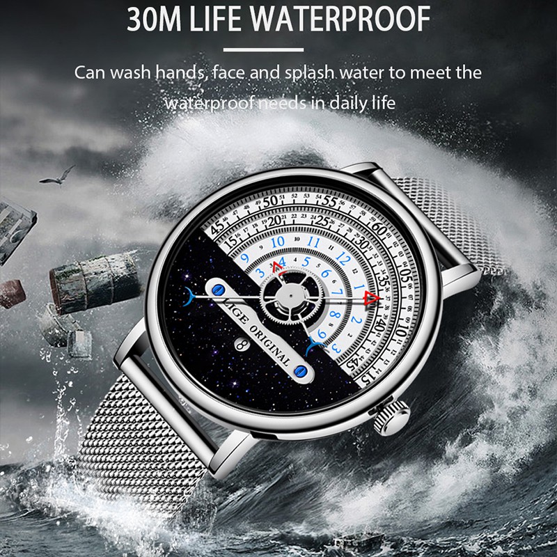 LIGE Đồng Hồ Quartz Hiển Thị Ngày Chống Thấm Nước 30m