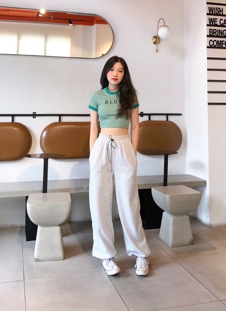 SET 2 MÓN ( quần ống rộng rút dây + áo thun crotop )