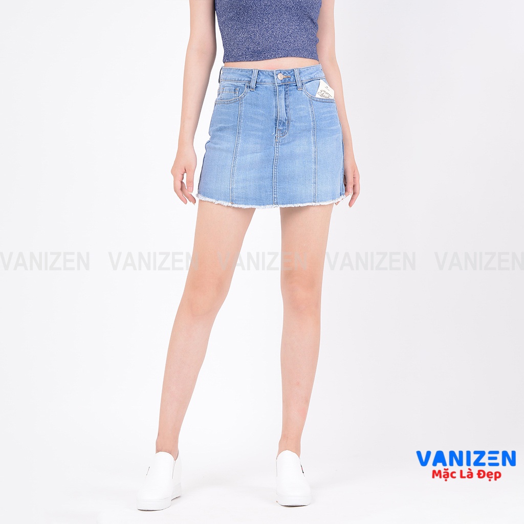 Chân váy jean nữ có quần bên trong đẹp lưng cao cạp cao trơn gân gấu tua rua hàng hiệu cao cấp mã 411 VANIZEN