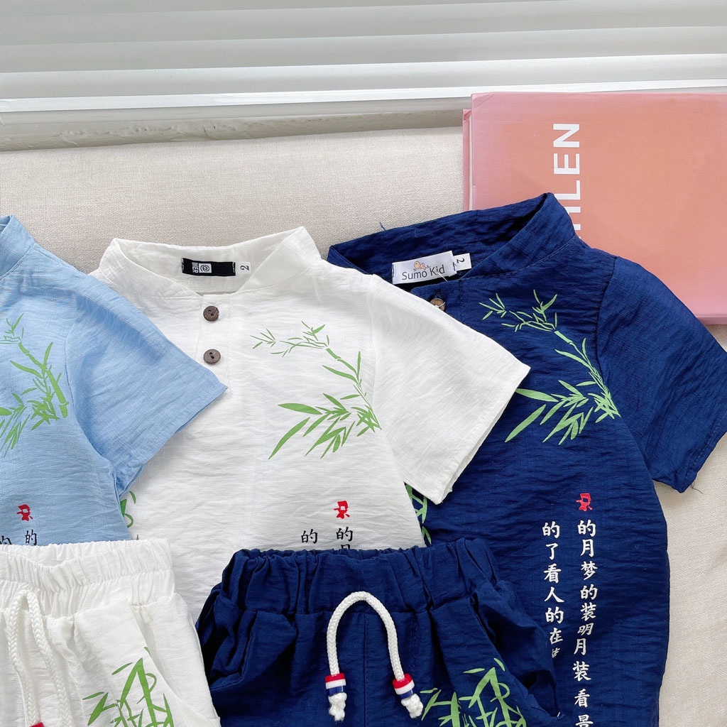 Đồ bộ bé trai LiLa Kids , Bộ cộc tay cho bé chất đũi in hình cây tre cực đẹp cho bé từ 6-28kg