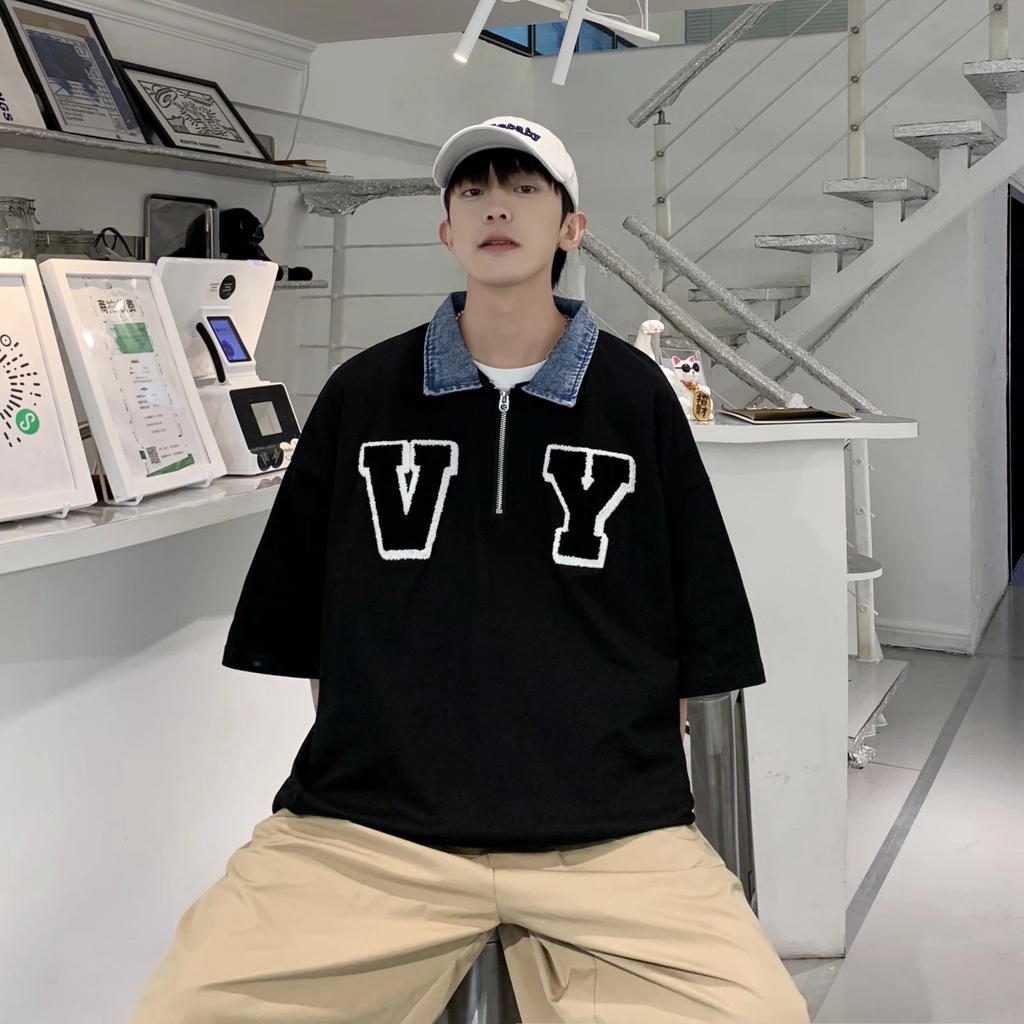 Áo polo Ngắn Tay Phối Denim Phong Cách Hàn Quốc Dành Cho Cặp Đôi