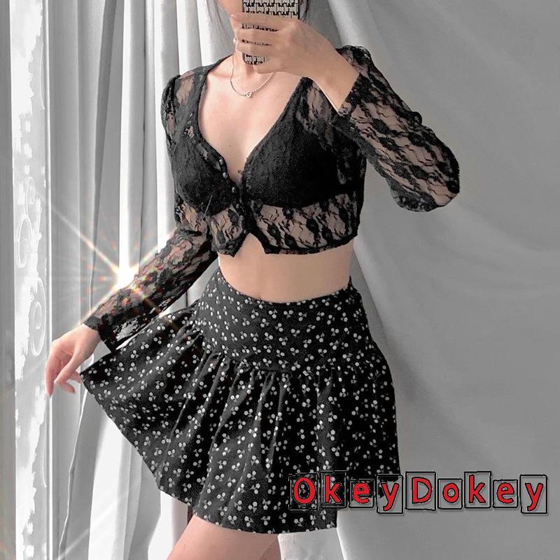 Áo croptop tay dài cổ chữ V phối ren phong cách vintage quyến rũ cho nữ