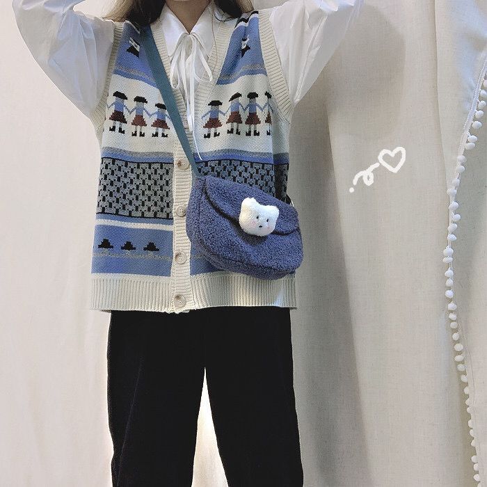 Áo khoác ghi lê dệt kim cổ V dáng rộng hình người tuyết thời trang