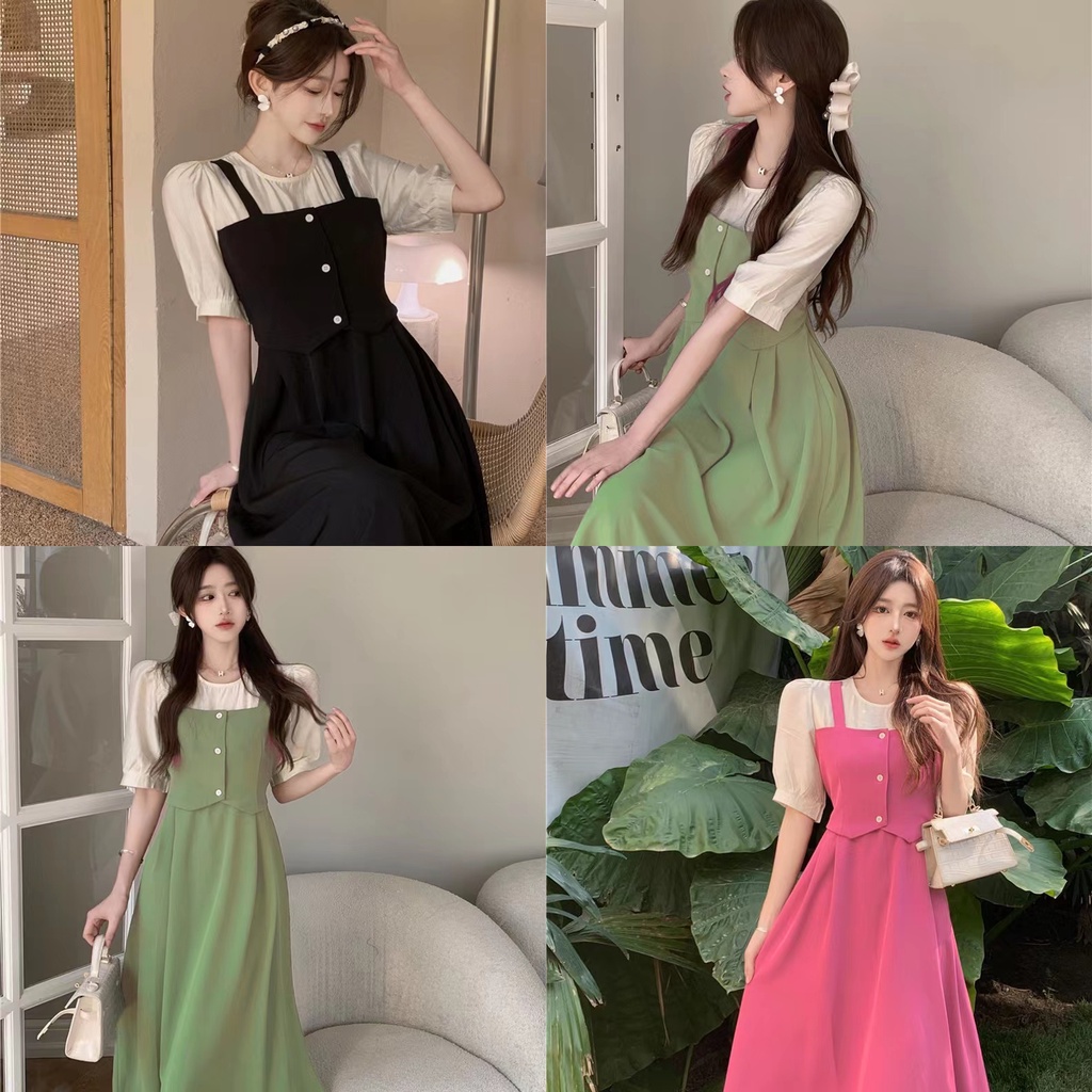 Đầm Chữ A Giả Hai Mảnh Dáng Dài Vừa Vặn Phong Cách Pháp Thiết Kế Mới Mùa Hè Dành Cho Bạn Nữ