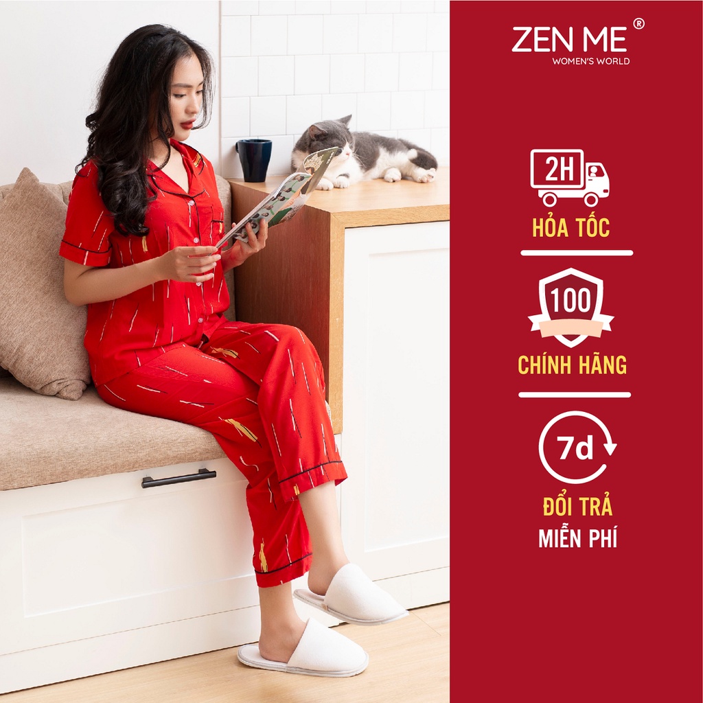 Đồ pijama nữ Zen Me bộ đồ ngủ mặc nhà tay cộc quần dài chất liệu Lụa giấy Luxury cao cấp họa tiết hiện đại PJD0721