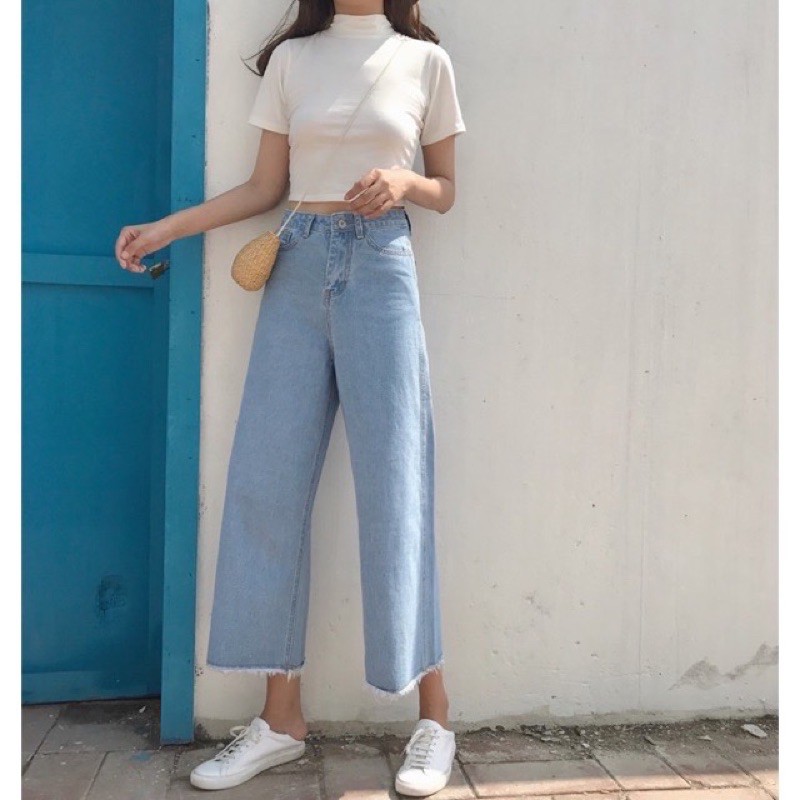 Quần bò ống rộng 2 khuy suông dài
