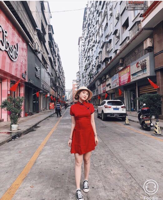 Sườn xám cách tân phong cách Trung Hoa / đầm váy đỏ gấm cao cấp mặc Tết