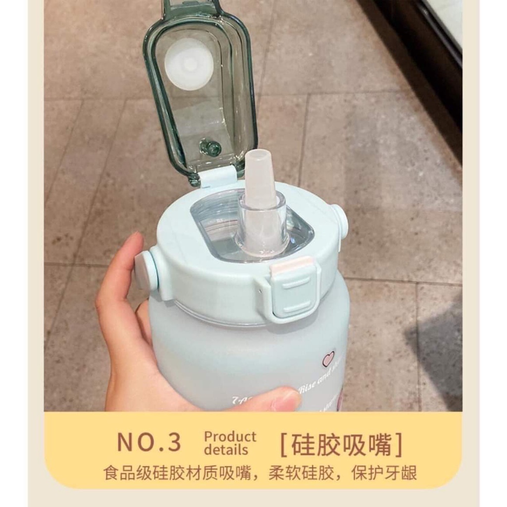 Bình Nước 2 Lít Dành Cho Người Lười Uống Nước , Bình Nước Cute 2L Có Ống Hút, Vạch Chia Nhắc Giờ