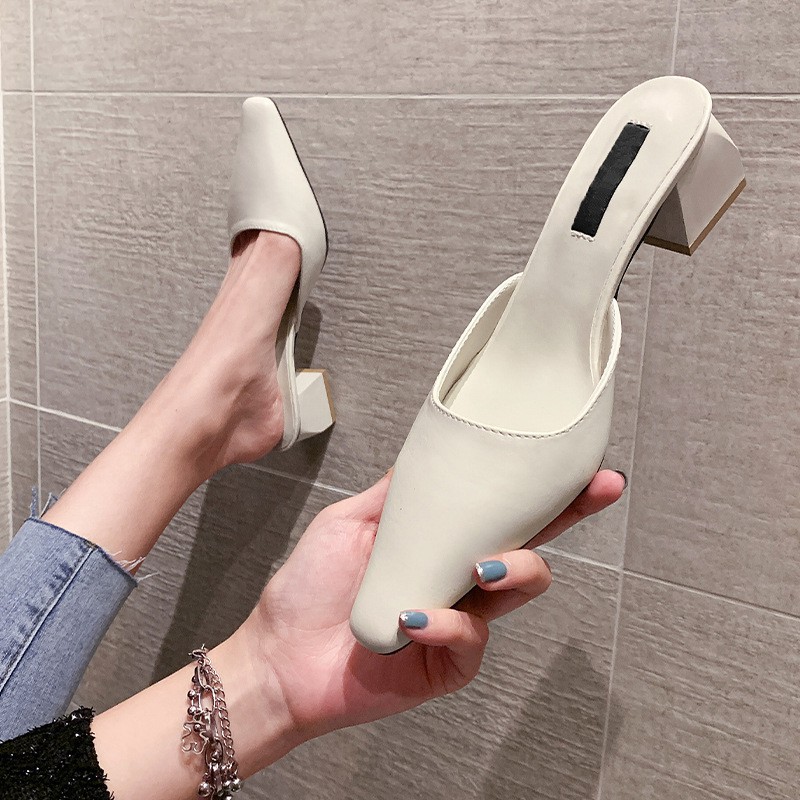 Summer Pointed Toe Mid Heel Mules Chunky Heel Slip-on Lazy Pump Half Slippers Outdoor Slippers Women's Classy Shoes Summ