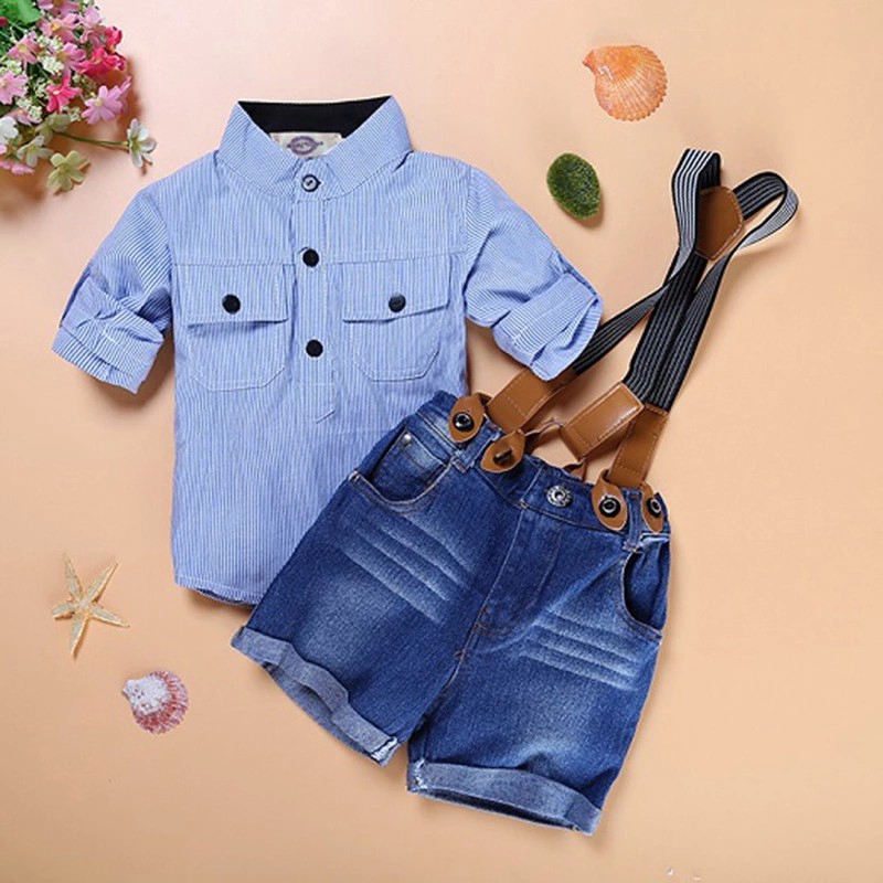 Set Áo Sơ Mi Ngắn Tay Cổ Bẻ + Quần Short Jeans Đáng Yêu Cho Bé Trai