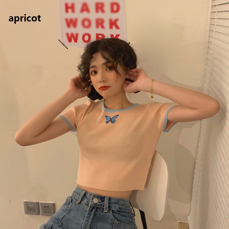Korean Butterfly Print Short-sleeved Knitted Short-sleeved T-shirt