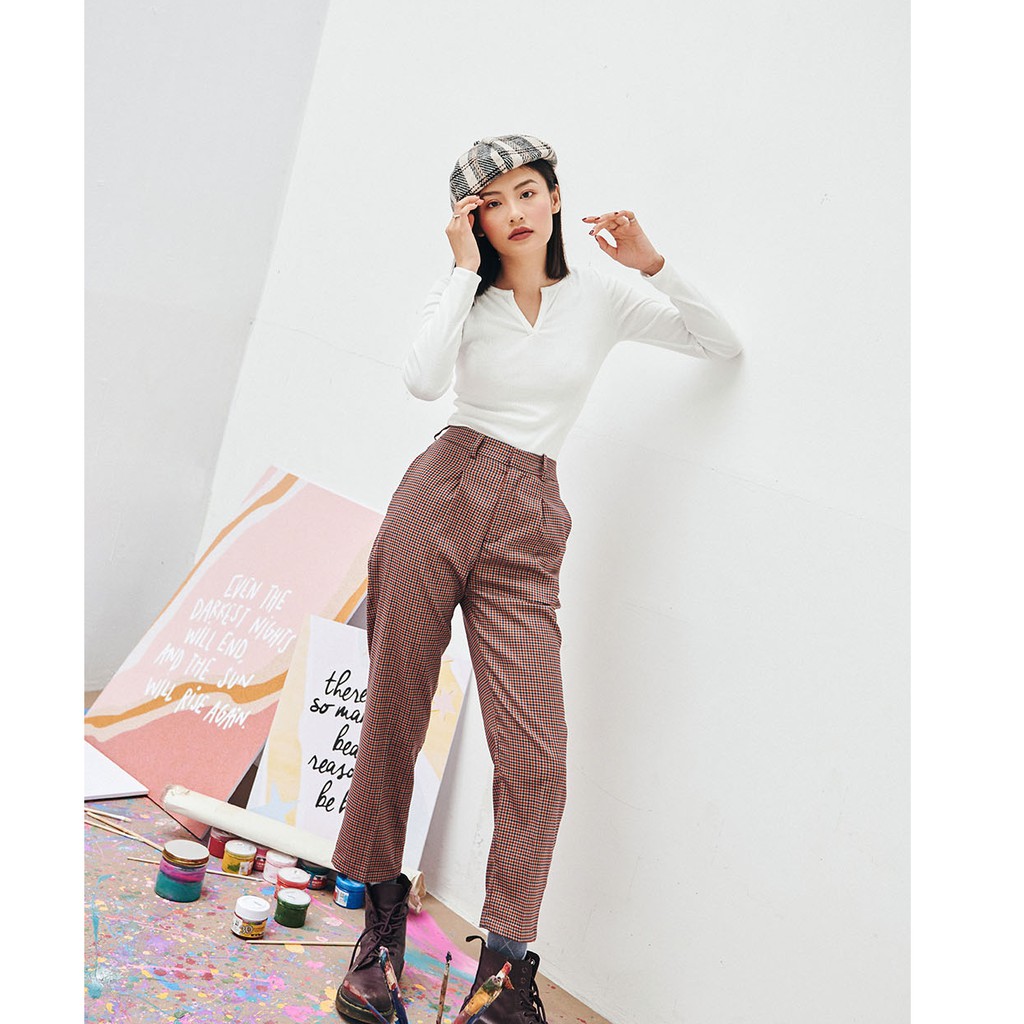 DOTTIE - Quần Tây Kẻ Ô Ống Đứng Đỏ Nữ Q0031