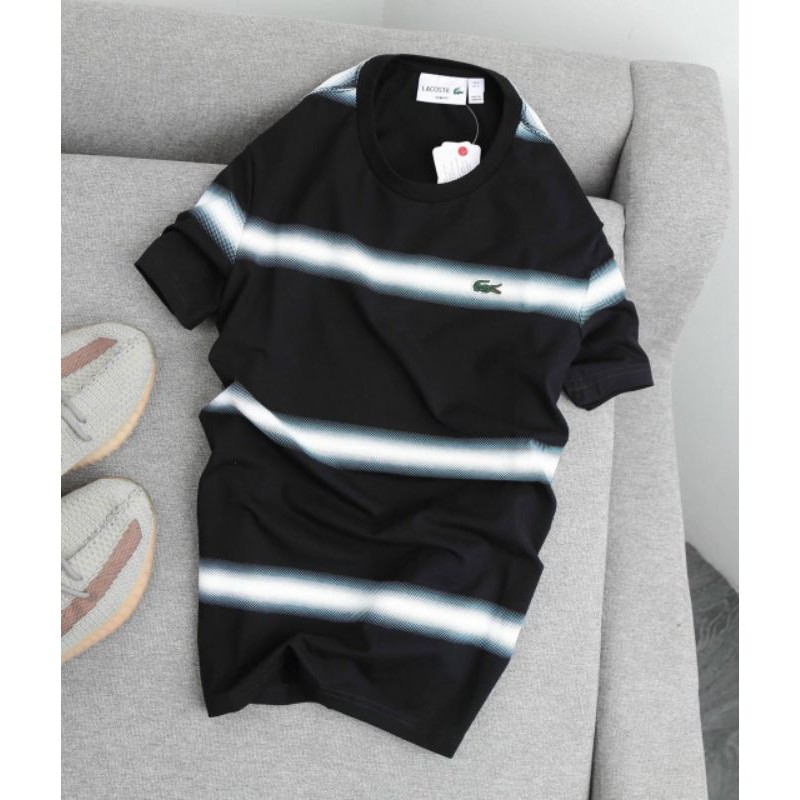 Áo thun nam nữ sọc ngang thêu hình cá sấu, 100% vải cotton cao cấp