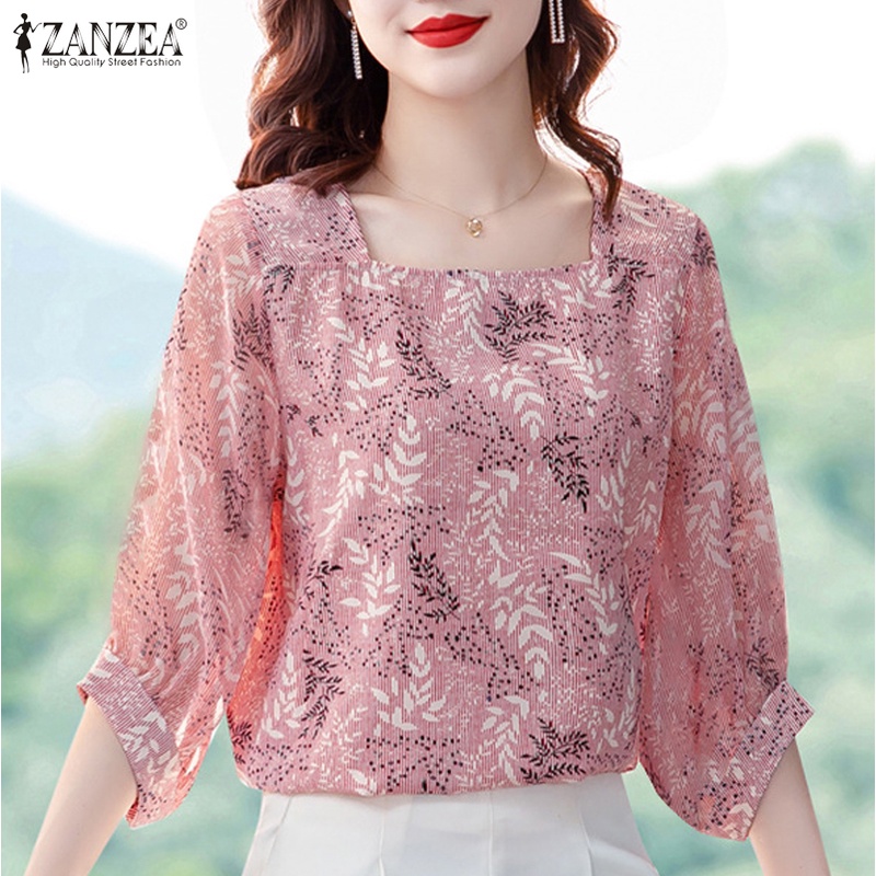 Áo kiểu Zanzea tay ngắn cổ vuông phong cách Hàn Quốc cho nữ