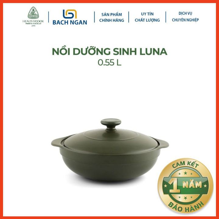 Nồi Sứ Dưỡng Sinh Minh Long Luna 0.55L dùng cho Bếp Ga, Hồng Ngoại, có nắp đậy, có thể kho cá, hầm cháo - nồi đất