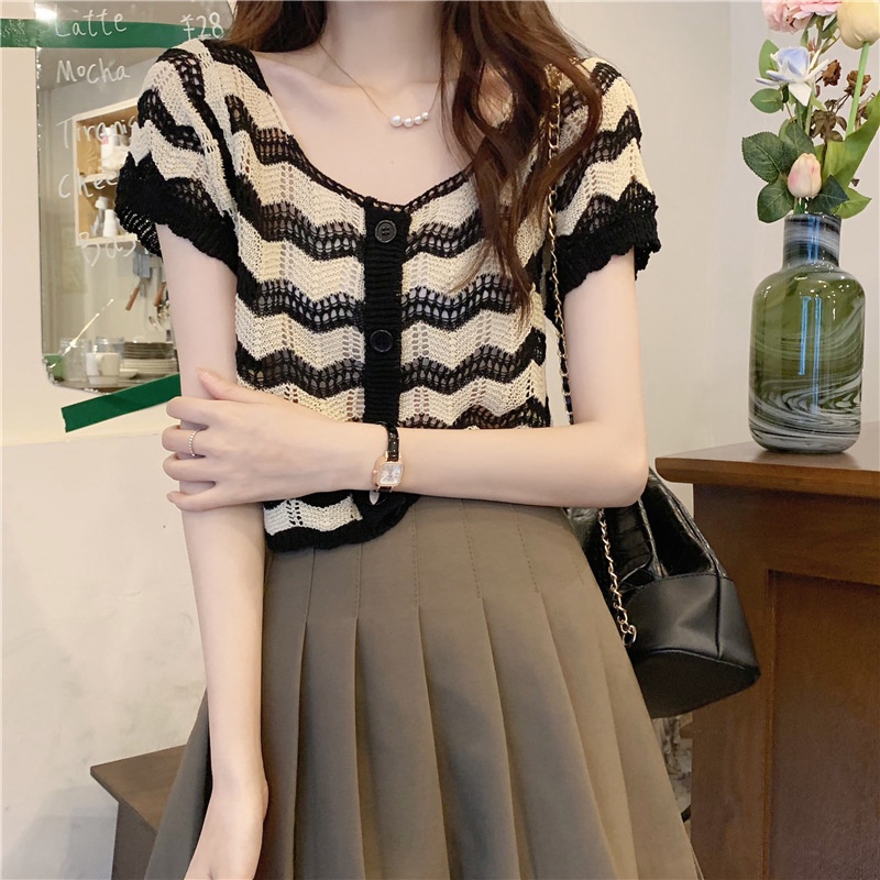 Áo Thun Dệt Kim Dáng Ngắn Họa Tiết Kẻ Sọc Màu Sắc Tương Phản Thời Trang Mùa Hè Cho Nữ