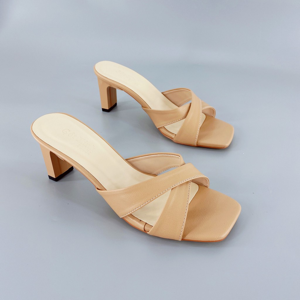 Dép cao gót nữ GÓT XINH D28 quai ngang da lì đế cao 4cm quai chéo