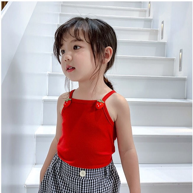 Áo Hai Dây In Hình Trái Dâu Xinh Xắn Dành Cho Bé Gái