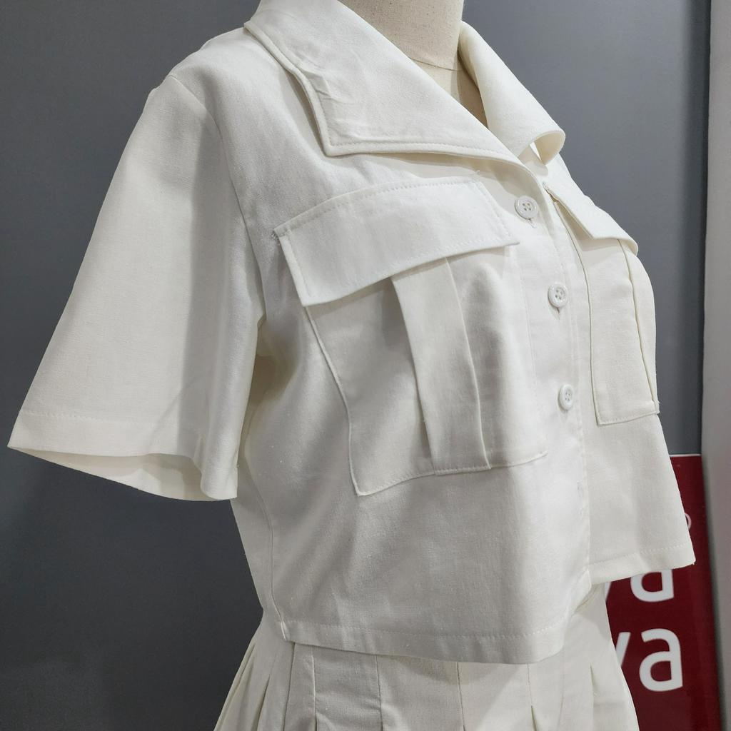 Set Đồ Nữ, Ngắn Tay, Cách Điệu Áo Vest, Quần Có Khóa Kéo Sau, Màu Xanh / Xám - Lovadova 22D04C002