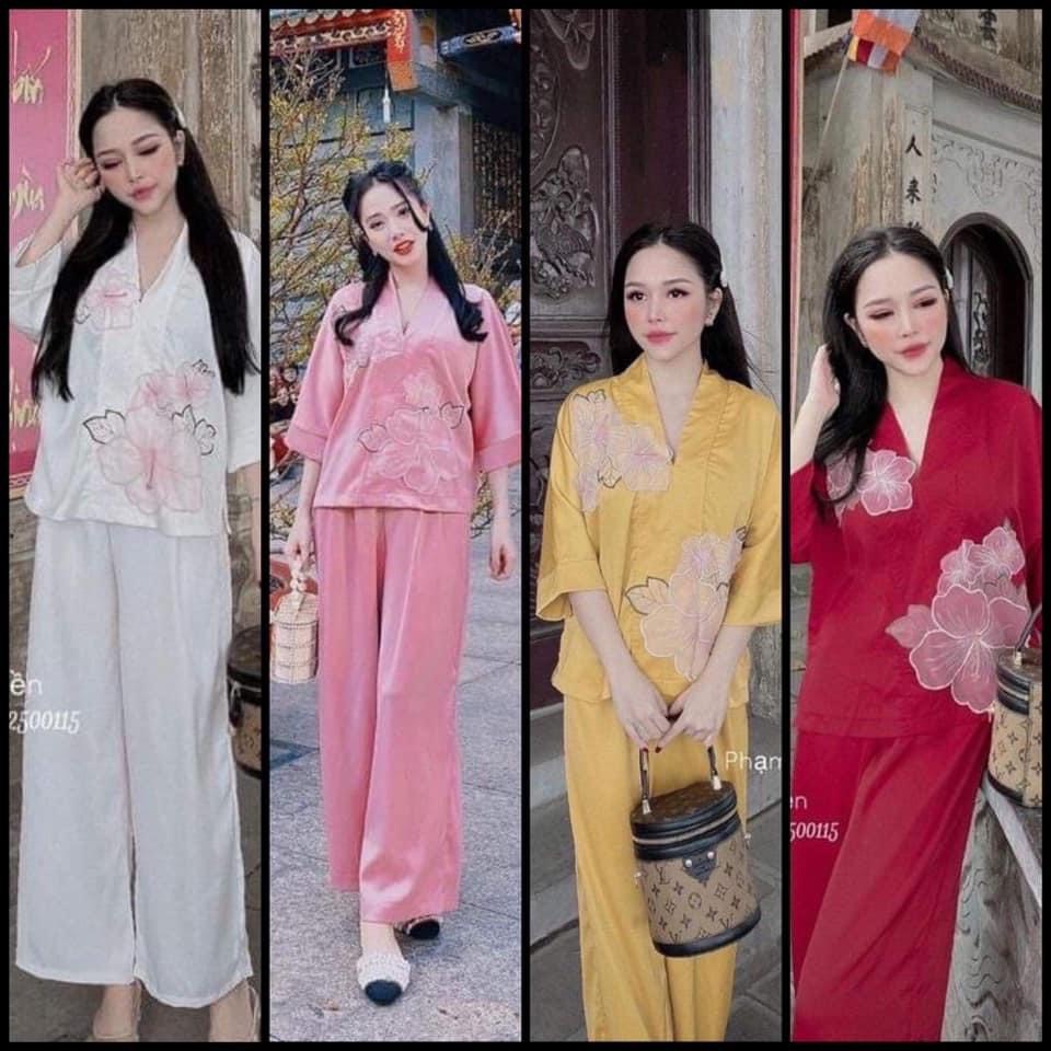 mẫu áo lam đi chùa thêu hoa ngay ngực đủ màu