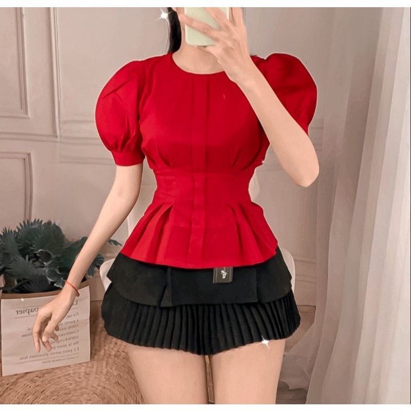 Áo cổ tròn tay búp thắt eo peplum