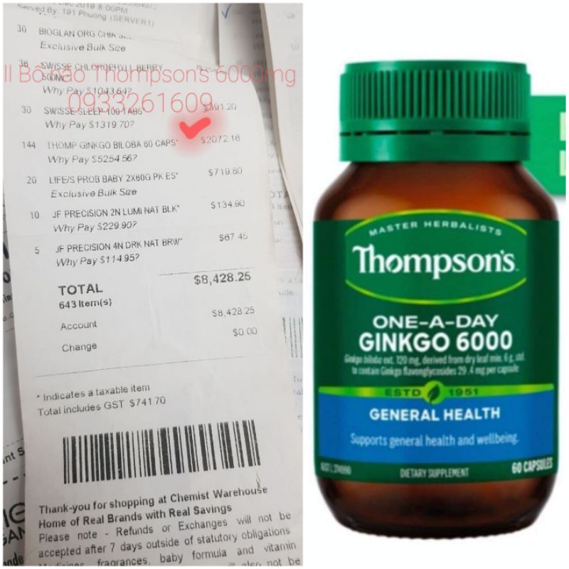 Tăng cường trí nhớ, bổ não, tuần hoàn não Thompson's 6000mg one-a-day