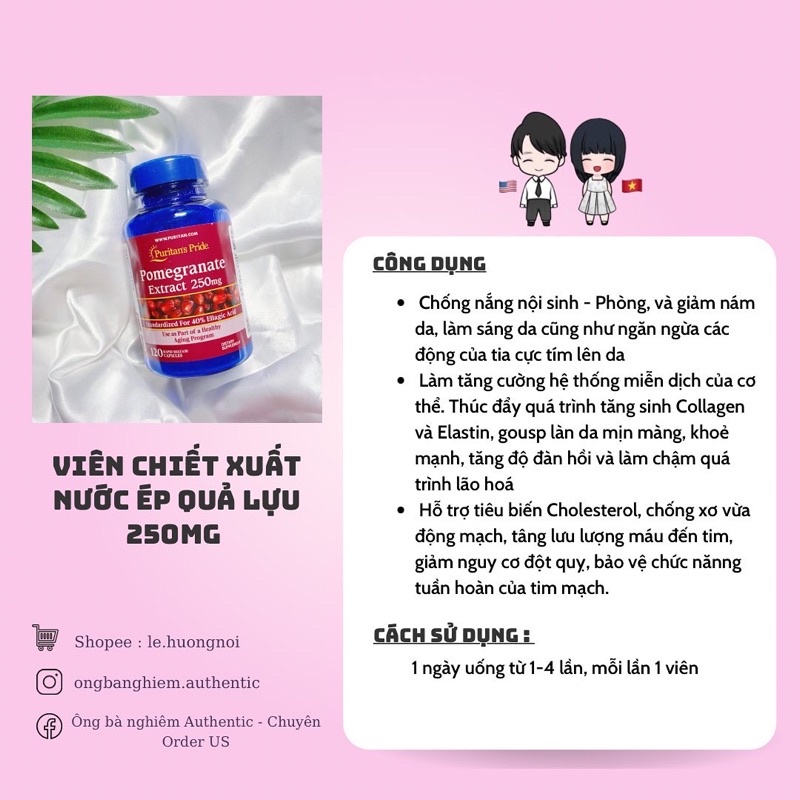 Viên uống chiết xuất lựu chống nắng nội sinh 250mg Puritan's Pride