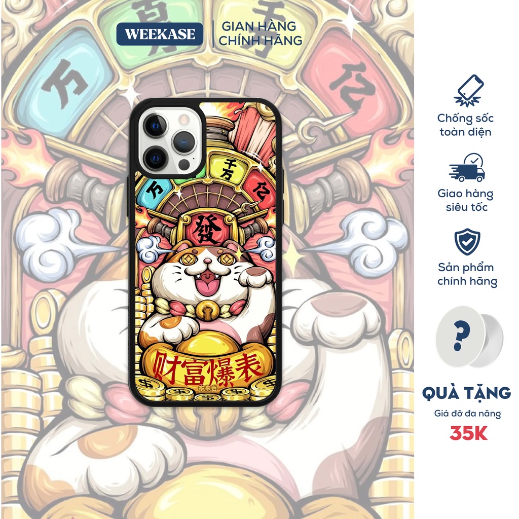 Ốp lưng iPhone dẻo viền đen, trắng mặt lưng cứng chống va đập Weekase Mèo Thần Tài, tất cả dòng máy