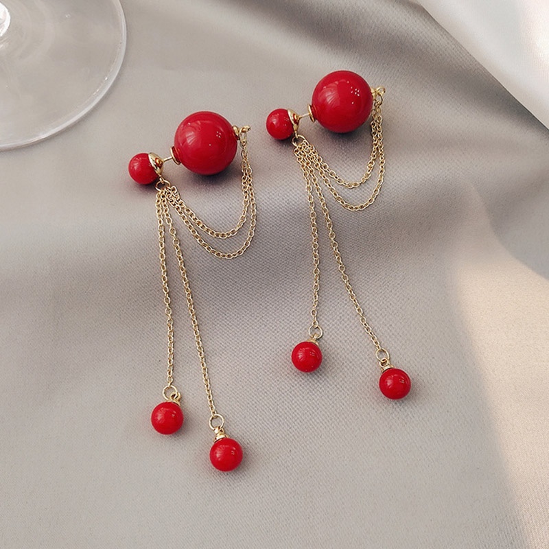 Khuyên tai dáng dài đính ngọc trai nhân tạo phối tua rua màu đỏ mừng năm mới