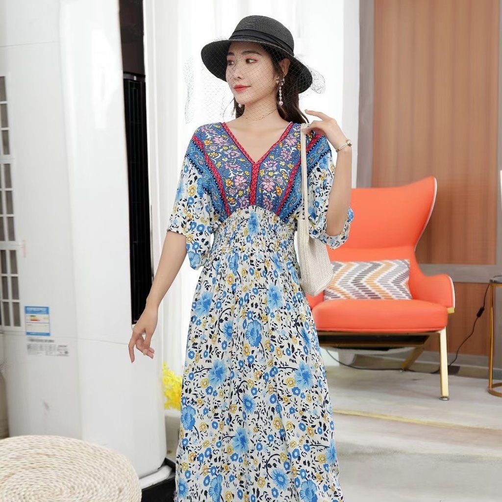Đầm Cotton Lụa Hoa Tay Ngắn Cổ Chữ v Thời Trang Dành Cho Nữ