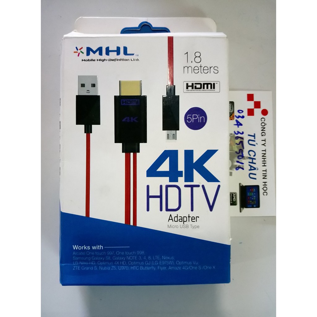 Cáp MHL 4K HDTV adapter, từ chuẩn MicroUSB 5Pin ra HDMI, Cáp dài 1.8 M - Model: 3241