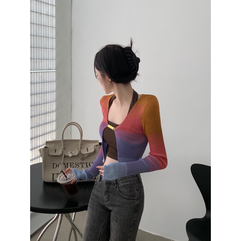 QADCOL Áo Khoác Cardigan Dệt Kim Tay Dài Dáng Ngắn Mỏng Nhẹ Họa Tiết Kẻ Sọc Thời Trang Mùa Hè Phong Cách Cổ Điển Cho Nữ