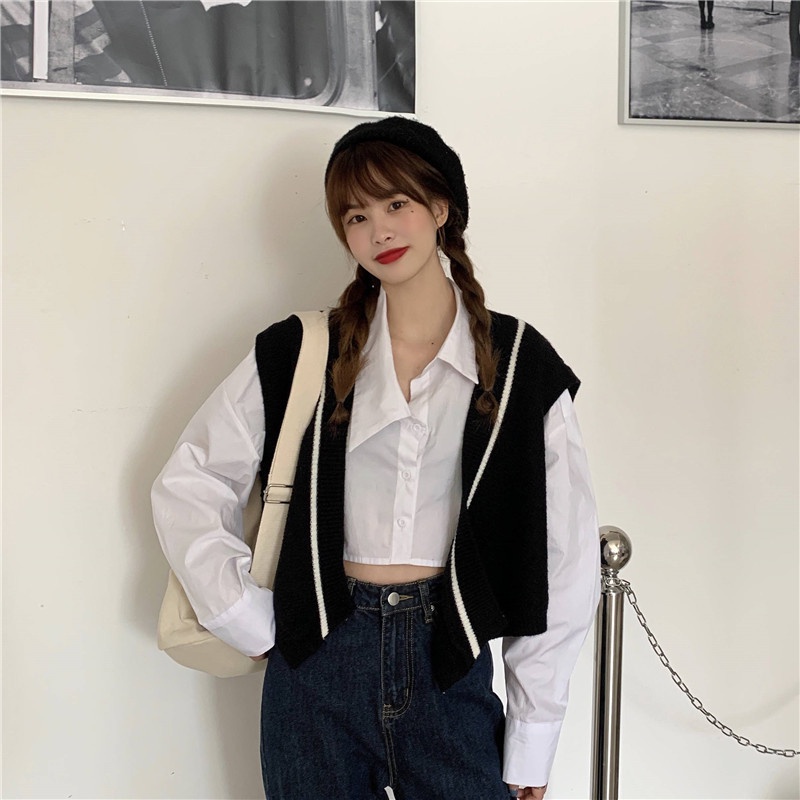 Áo Len Không Tay Cổ Chữ V Dáng Rộng Phong Cách Hàn Quốc Thời Trang