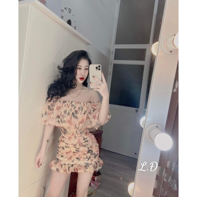 Đầm tơ bèo ngực trễ vai rúm thân hách dáng