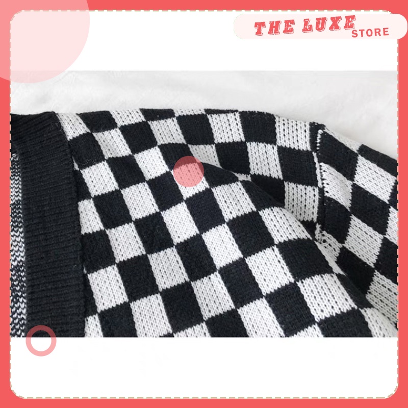 Áo cardigan len họa tiết sọc caro, Áo khoác len nữ thu đông form rộng 100% được may từ len mềm mịn phối màu đen trắng | BigBuy360 - bigbuy360.vn