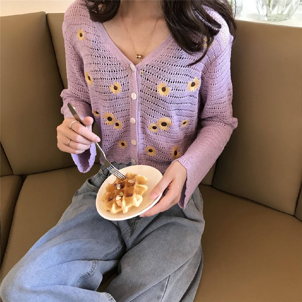Áo Khoác Cardigan Dệt Kim Mỏng Tay Dài Dáng Ngắn Thêu Họa Tiết Thời Trang Cho Nữ