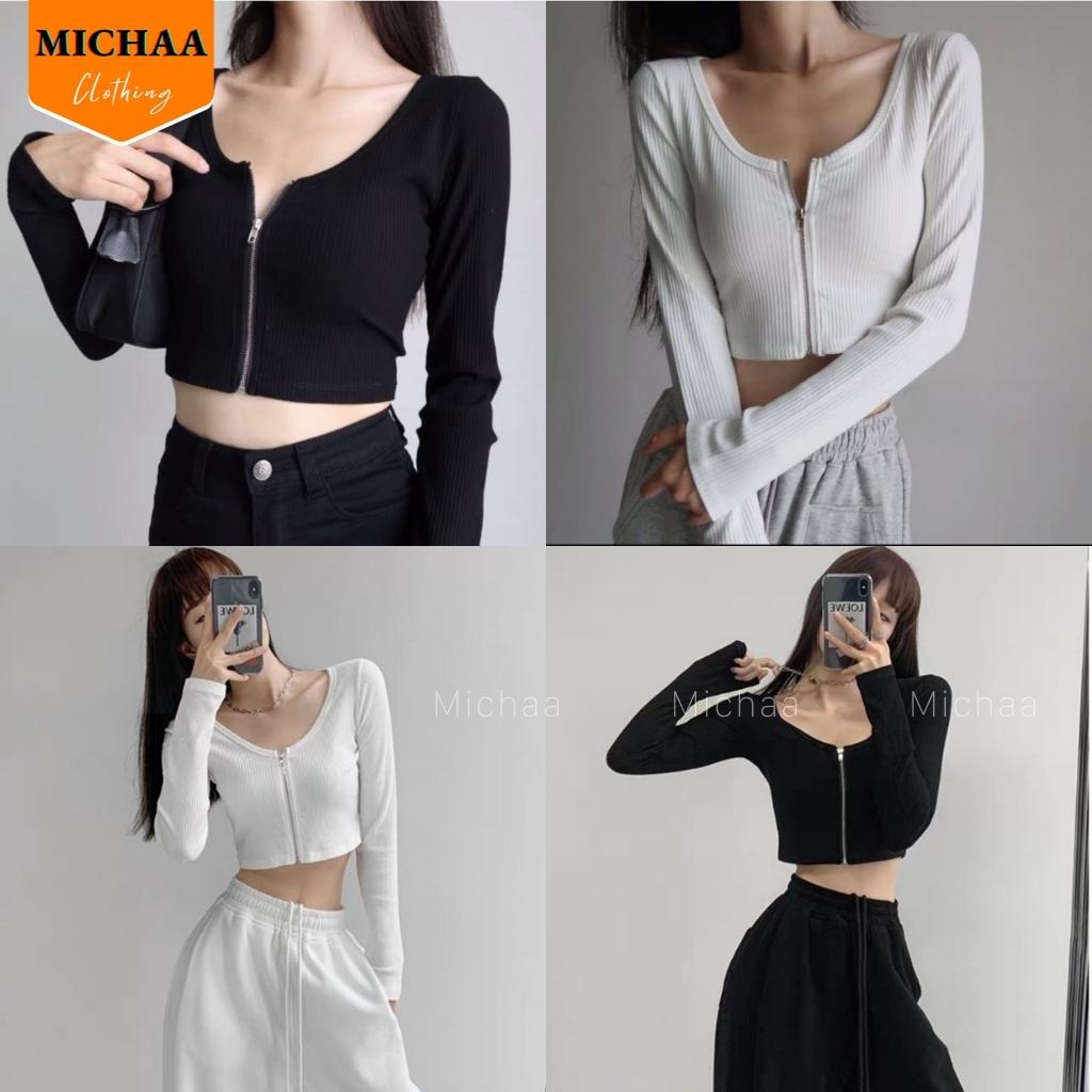 Áo Croptop Tay Dài DÂY KÉO NGỰC Nữ Thun Gân Ulzzang Kiểu Cổ Vuông Đẹp Ôm Body - MICHAA