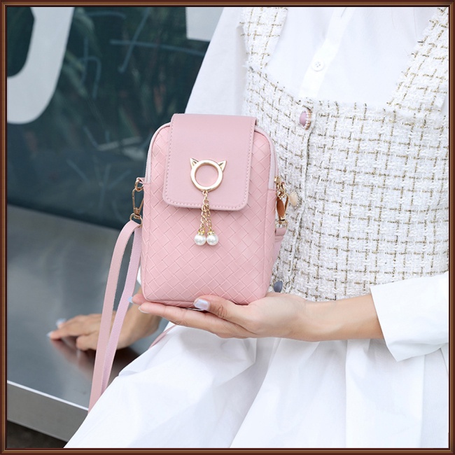 Túi Đựng Điện Thoại Bằng Da Pu Đính Ngọc Trai Thời Trang Cho Nữ