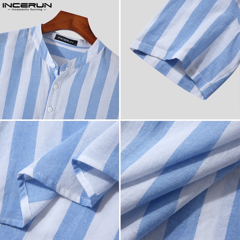 Áo sơ mi INCERUN ngắn tay họa tiết kẻ sọc đính nút 3 màu tùy chọn thời trang cho nam