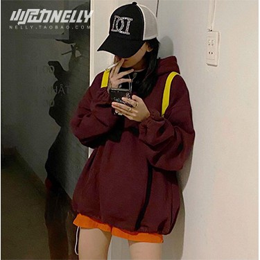 Áo hoodie Nelly Heybig trơn màu đỏ đô