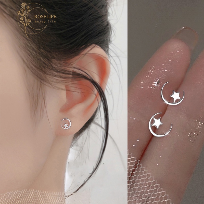 1 Cặp Bông Tai Bạc S925 Hình Bán Nguyệt/Ngôi Sao/Mặt Trăng Phong Cách Hàn Quốc Dành Cho Nữ