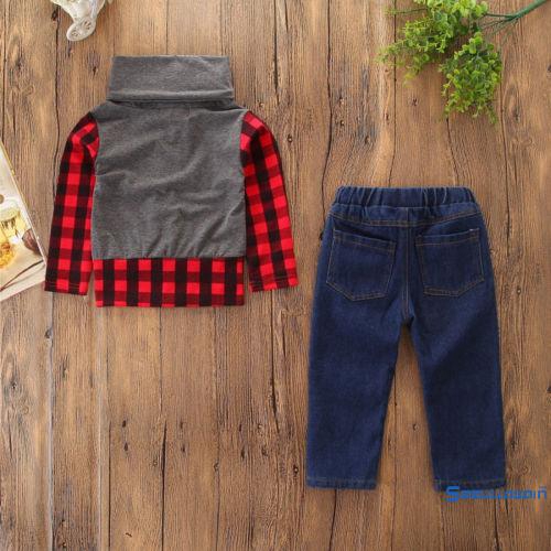 Set Áo Sơ Mi Ca Rô Dài Tay Cổ Bẻ+Quần Jeans Dài Cho Bé Trai